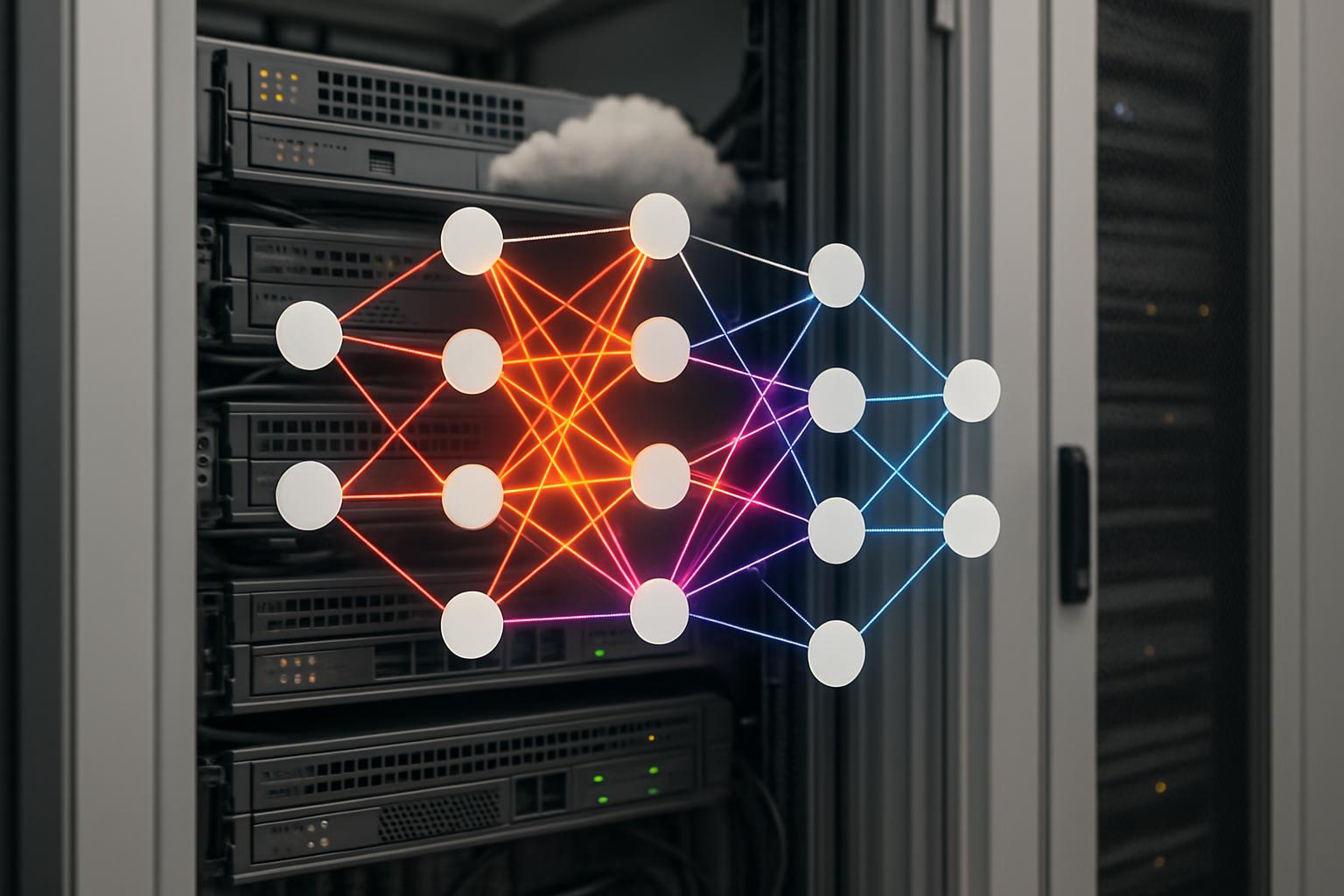 An illustrated view of a server room with a network of nodes linking together in the foreground, representing the concept ...
